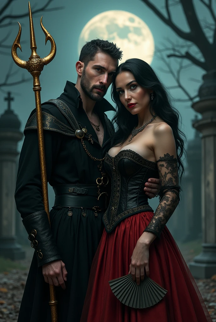 man with short beard in black medieval clothing, a golden trident in his hand, next to a woman with long, wavy black hair, long red cabaret style skirt necklace and earrings, espartilho preto, a fan in hand in an ancient cemetery on a mysterious moonlit night