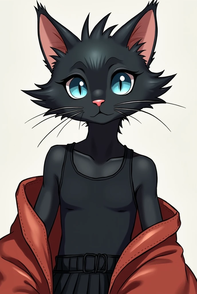 Create for me, a cat, , Youngh, with the appearance of , Asian, dark haired, black, very spiky, so smooth, light blue eyes and childlike face/adolescent. With a tight tank top and a half-open kimono.