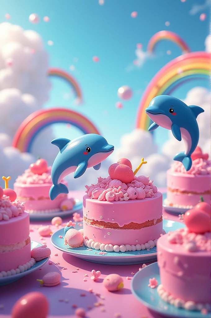 Pink cakes with dolphins and rainbows