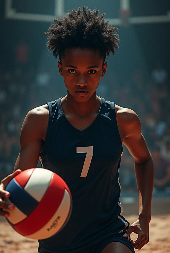 make a cover with a black age volleyball player with short, curly hair with the title of "heart at stake" that shirt with number 7