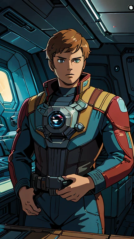 (1man: Star Lord), (extremely detailed CG unit 8k wallpaper),(master part), (best quality), (ultra detail), (best illustration),(Spaceship bridge), interiors, indoors, cowboy shot, (Sharp eyeliner, ombre, detailed eyes:1), break , (ghibli style), upper body,