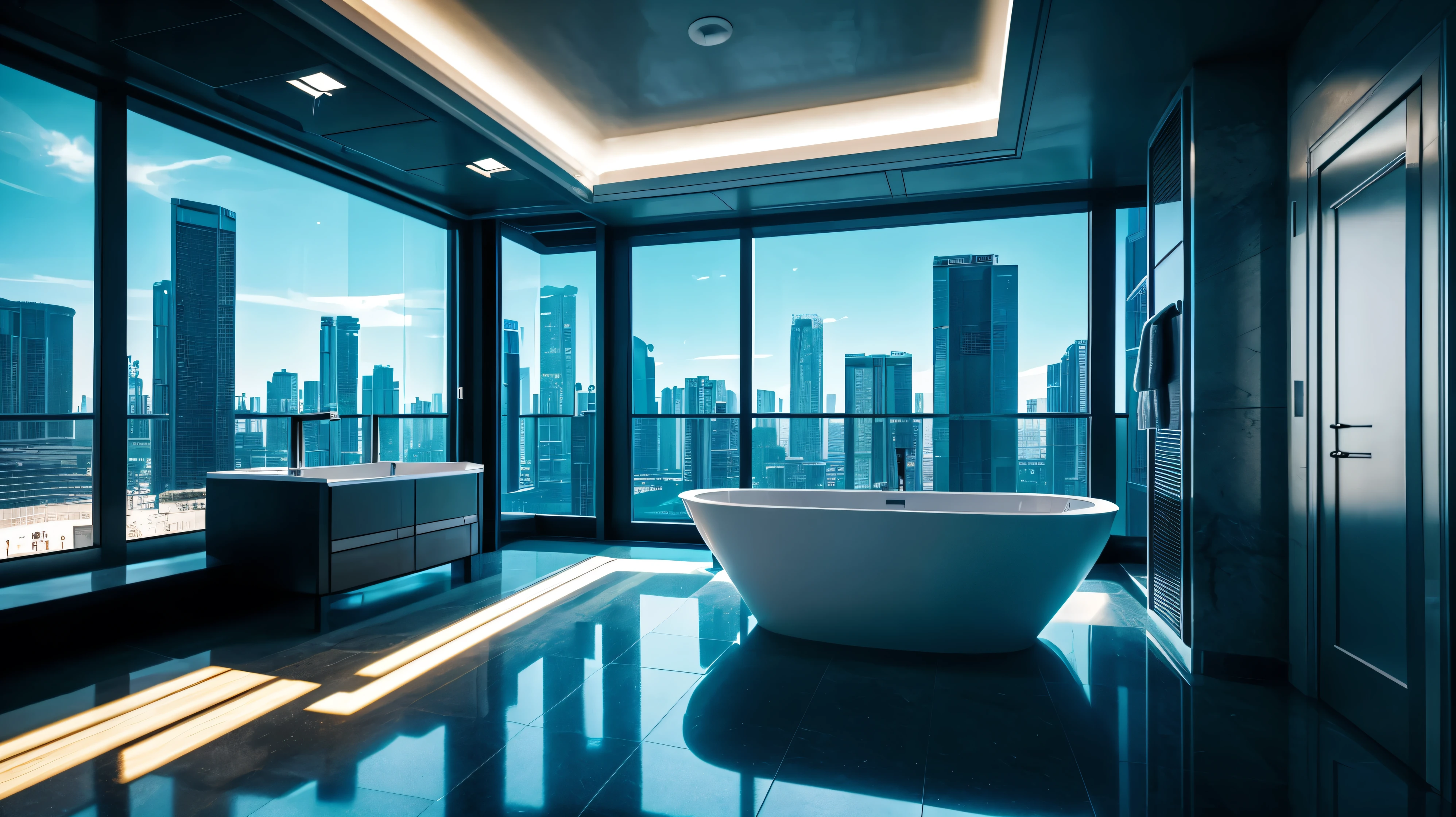 bathroom, architectual, scifi, cyberpunk, futuristic, hightech, daylight, wide angle, realistic view, ambient light, chilled ambient, year 2124, cinematic
