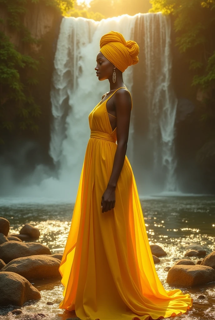 black human woman dressed in yellow with a yellow turban tied to her hair inside a beautiful waterfall with yellow glow around