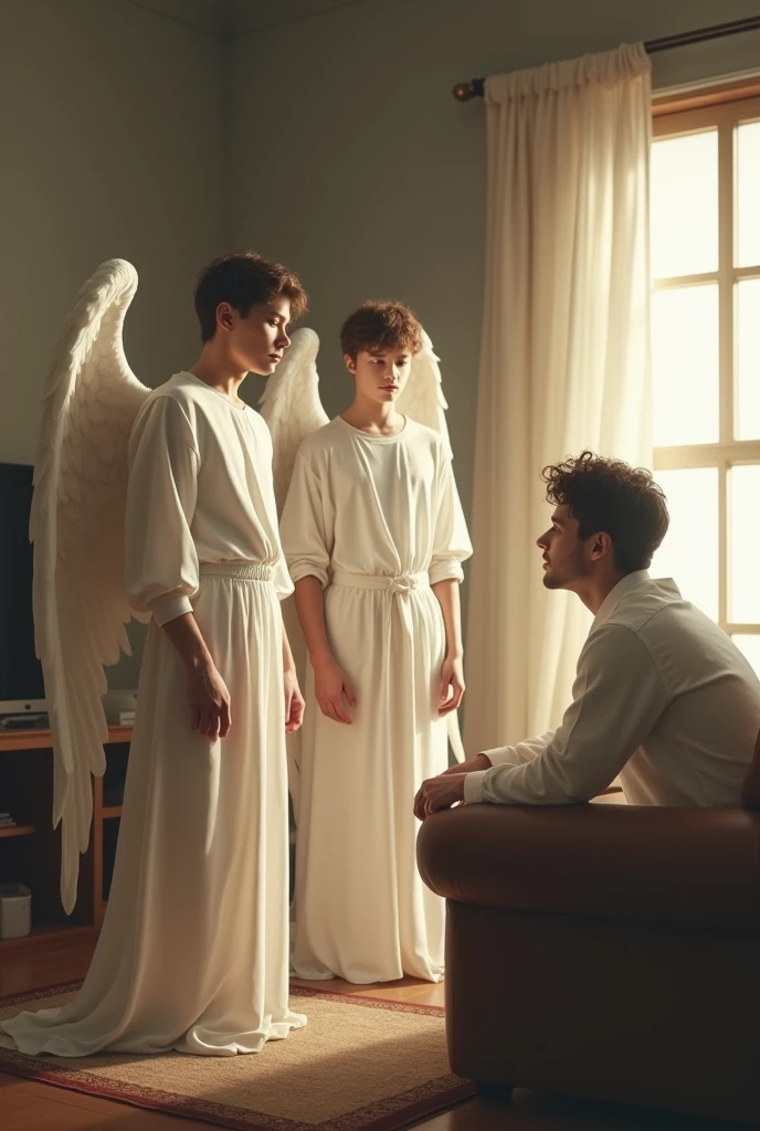 Create a realistic scene where two male angels, dressed in completely white clothes and without wings, are talking to a man inside a house. The environment should be a common living room, with simple furniture and soft lighting. Capture the interaction between angels and man, highlighting the man's expression of surprise and curiosity and the serene presence of the angels.