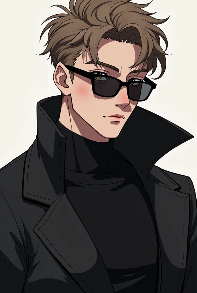 badass anime boy, asian features, White skin, very masculine, half muscular not so exaggerated, Korean style slanted eyes closed, with small all-black sunglasses, very light brown hair, black clothes, with slightly blushing cheeks, the glasses covering his eyes, and that it looks masculine, dominant