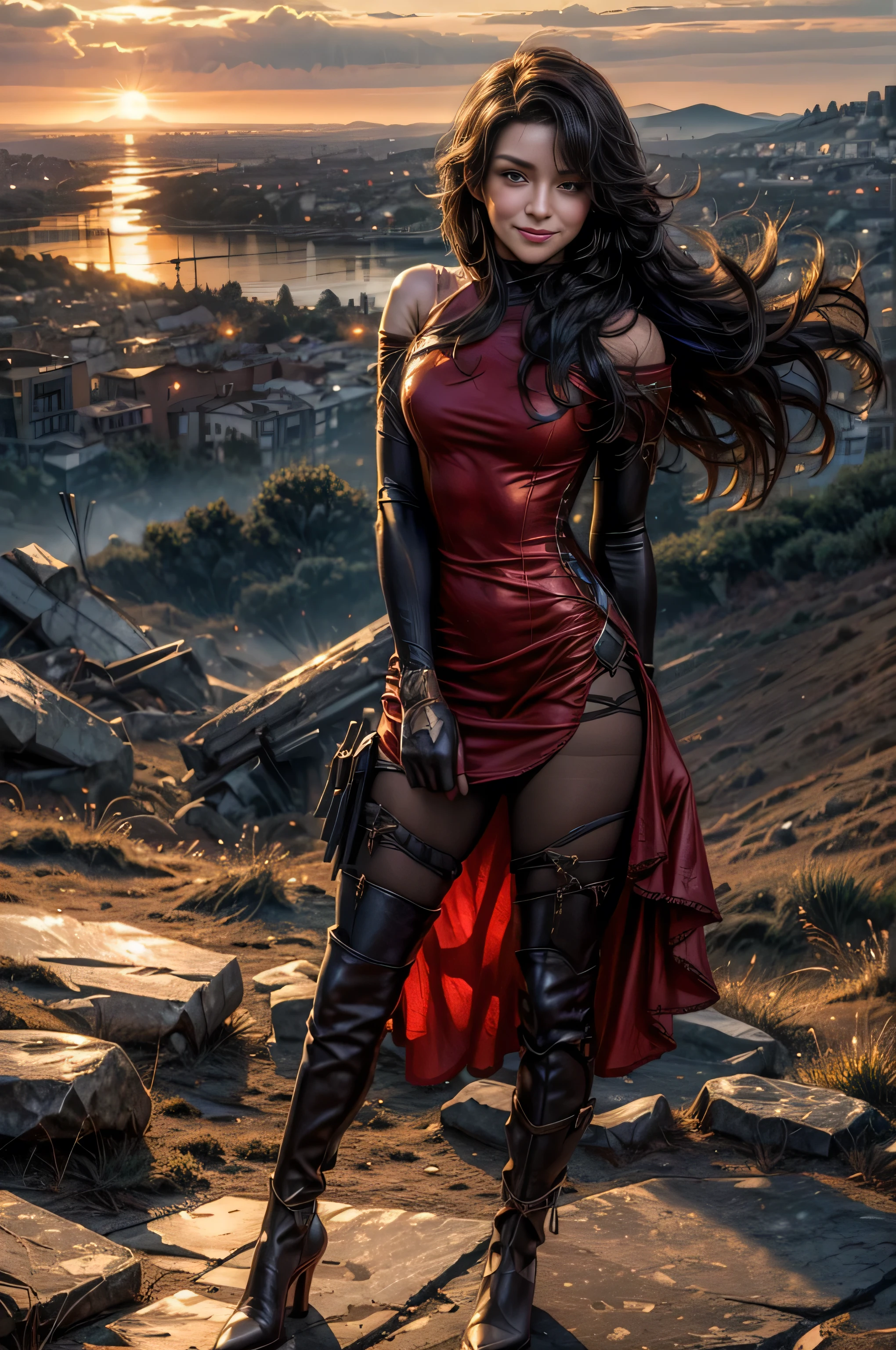 (masterpiece, best quality:1.2), cowboy shot, solo, 1girl, cinder fall, smiling, looking at viewer, long hair, red dress, elbow gloves, pantyhose, standing on hillside, overlooking burning city, (volumetric lighting), sharp focus, hyper detailed