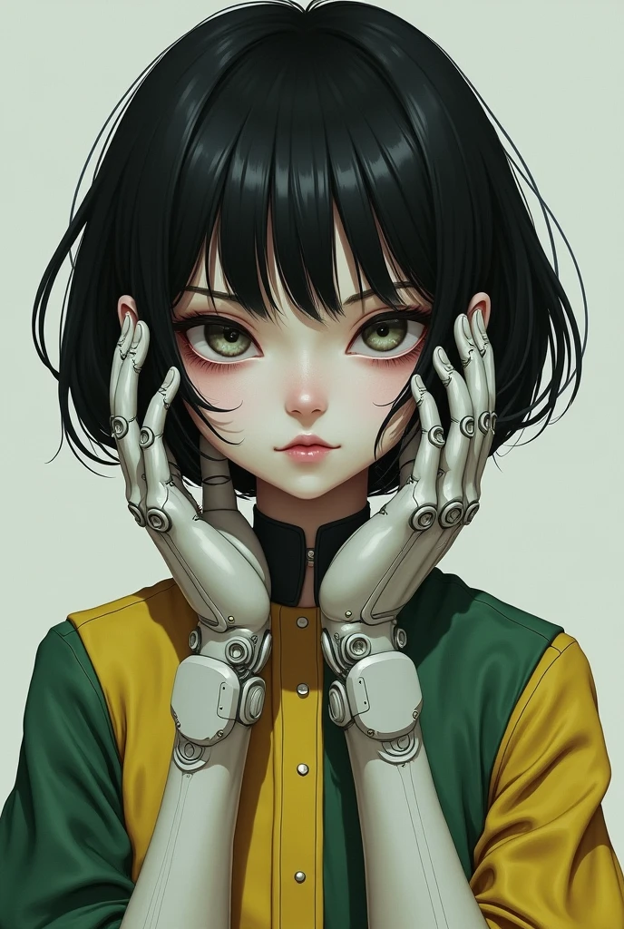 girl, blind, with a very serious face, His hands are robotic and gigantic in size so he can hit, yellow and green clothing, very white and light skin, dull grey eyes, very dark black short hair,