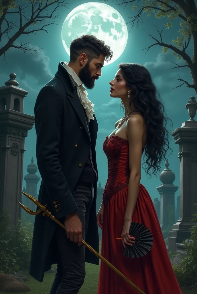 man with short beard in 19th century clothing, a golden trident in his hand, next to a woman with long, wavy black hair, long red cabaret style skirt necklace and earrings, espartilho preto, a fan in hand in an ancient cemetery on a mysterious moonlit night