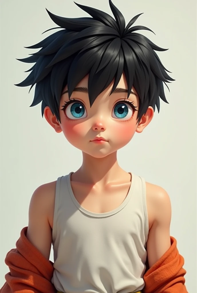 Create for me, A boy, , Youngh, with the appearance of , Asian, dark haired, black, very spiky, so smooth, light blue eyes and childlike face/adolescent. With a tight tank top and a half-open kimono.