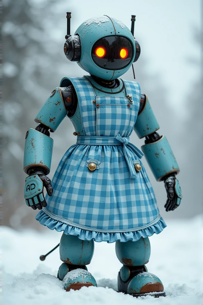 A hudge and badass medicine girl robot with a blue gingham apron
Snowy background