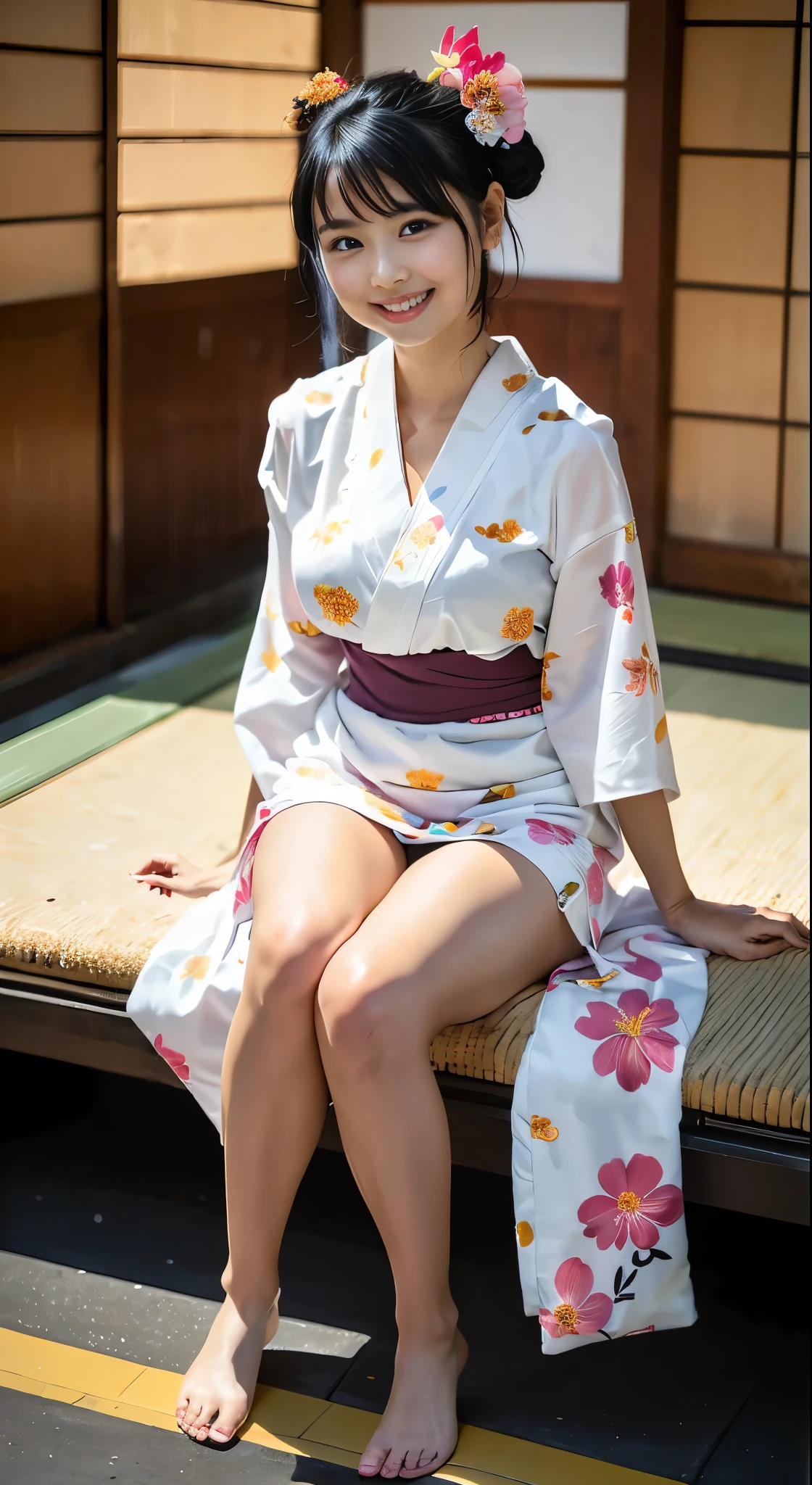 (8k、Raw photography、Highest quality、masterpiece:1.2),(Black Hair、Dark Eyes:1.9),(:1.6)、View your audience,Front view,White skin,(Flower pattern kimono:1.4)、(Tight waist:1.6)、(Clothes that accentuate the shape of the breasts:1.0)、(Big Breasts :1.3)、Slim figure、Ultra-high resolution,beautiful,beautiful fece,(1 person、No background:1.9),whole bodyボディー,Japanese women,(reality的:1.37)、Photon Mapping,reality、(-faced and cute: 1.2)、(Cute Smile: 1.8)、(Round face: 1.8)、Radio City、Physically Based Rendering、Depth of field rally background、photograph, (I can see your knees、Thigh close-up:1.8),(:1.6),whole body、Great quality