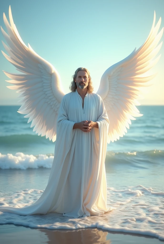 White male An angel with big white wings Standing on the shore