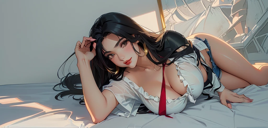(work of art, best qualityer, 4k hd, ) a woman lying on her stomach, sultry posing, pose de anime, shadowing!!!, estilo de anime drawing, with out shadowing, outlined!!!, , badass pose, Approximate sketch, anime drawing, anime girl lying down, long hair, black hair with white highlights, layered hairstyle, affectionate smile, gentle look, gold eyes, fine lips, red lipgloss stick, perfectbody, firm bust, bountiful breasts, short shorts that are tight to the body, sexy shorts, Blusa social de it, low-cut blouse, thin fabric blouse, almost transparent blouse, glued blouse, long neckline, Loose Tie, slim body, sultry body, attractive body