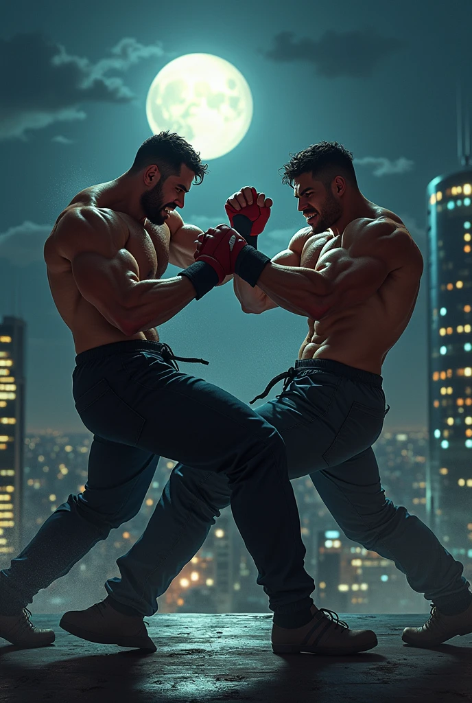 Men fighting with fists and kicks in the dark with the moon shining behind on the roof of a big city with lots of lights above