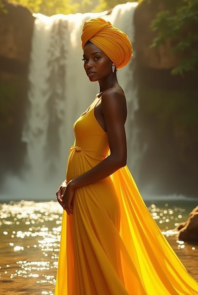 black human woman dressed in yellow with a yellow turban tied to her hair inside a beautiful waterfall with yellow glow around