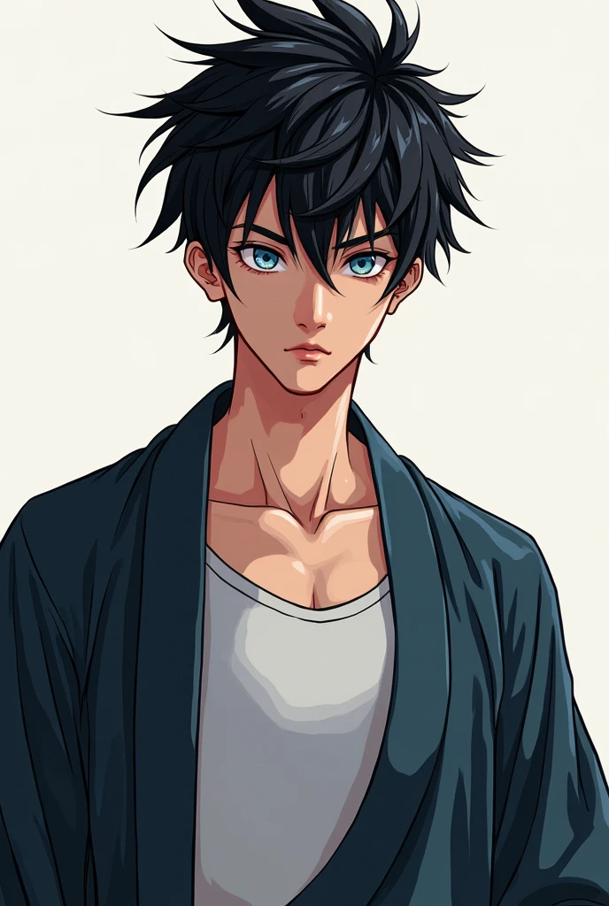 Create for me, A boy, , Youngh, with the appearance of , Asian, dark haired, black, very spiky, so smooth, light blue eyes and teenage face. With a tight tank top and a half-open kimono.