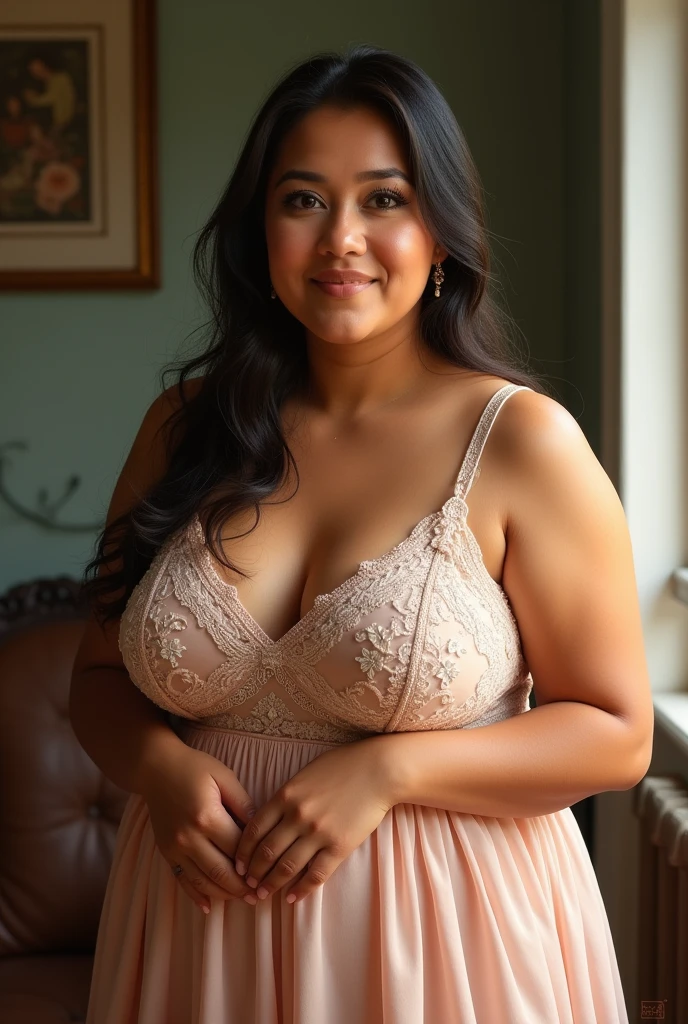 Woman of Venezuelan descent in a beautiful conservative dress who is a little chubby so that the photo looks realistic