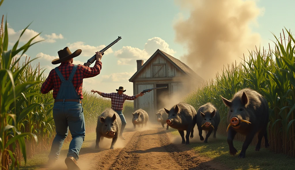 Thousands of wild boars inside a pigsty in the middle of a cornfield with farmers armed with shotguns wearing typical country clothes and hats on their heads in Panic