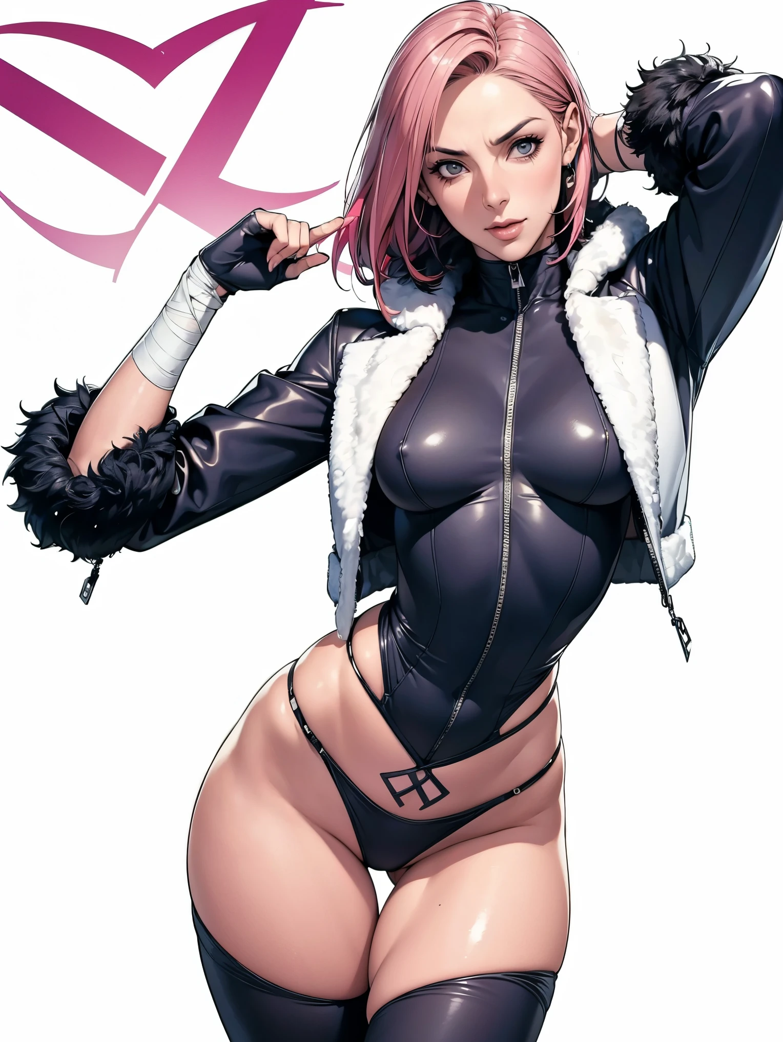 (((Annie Lennox))), (((colorful suit))), (scars), (((bandaged arms))), (((colorful clothes))) (( hood)), (((best quality: 1.4))), (Unbeatable masterpiece), (hyper HD),(CG 8k hyper-realistic), beautiful face, (((breasts big))), (((hyper feminine))), sexly girl, ((round face)), black tattoo,(ultra short red hair with white highlights)), ((( sculptural body ))), (((1 Kizi))), Kizi tatuada de 25 anos com perfect body, perfect hands, perfect fingers ,Beautiful and well-groomed face, (round face), muscular body:1.2,solid color detailed jacket, (Head to thigh photos), Complex equipment, ,Tight clothes,With white stars and off-white stripes,,,,,Armor Metal Electronic Parts, Poison tattoos ) INFO, Kizi, (((standing alone))), , 24歳, sexy, pose de attitude, work of art, dancing, ((slight smile)), post-apocalypse, (((manga style))), bounty hunter, the way you want, perfect body, roupa moderna, advanced technology, white, yellow accent, black, red accent, fur collar jacket, sleeves with vertical striped pattern, background city, (( cowboy shot )). intricate visual, narrow waist, (((wide hips))), wide hips, fit thighs, (((thigh gap))), Thigh gap, background shows a futuristic airplane, open expression, expression happy