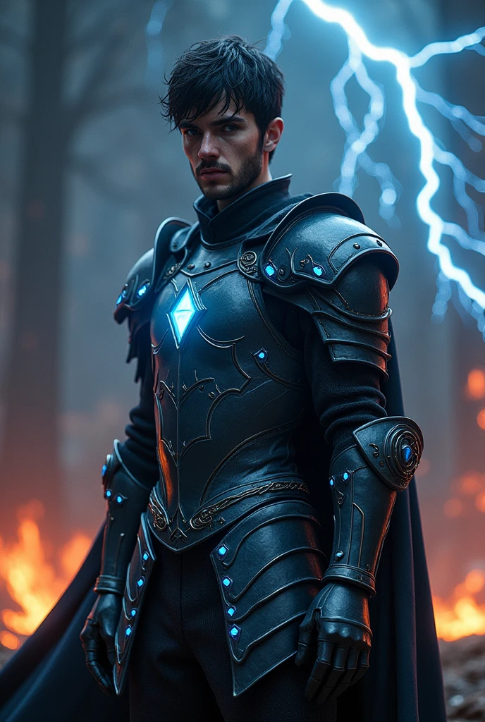 A blue-eyed medieval hero, lightning elemental, with black metal armor with blue diamond details, in a dark and burning place, beardless and short hair. The diamond details are not on the chest, are in lines along the sides of the armor