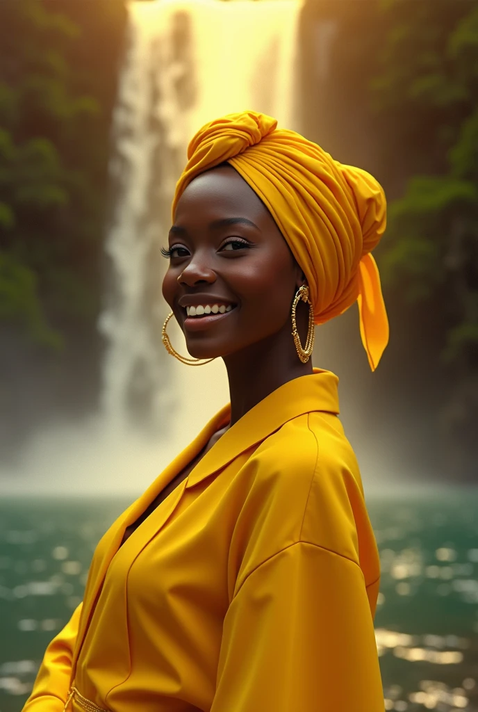 black human woman dressed in yellow with a yellow turban tied to her hair inside a beautiful waterfall smiling with yellow glow around