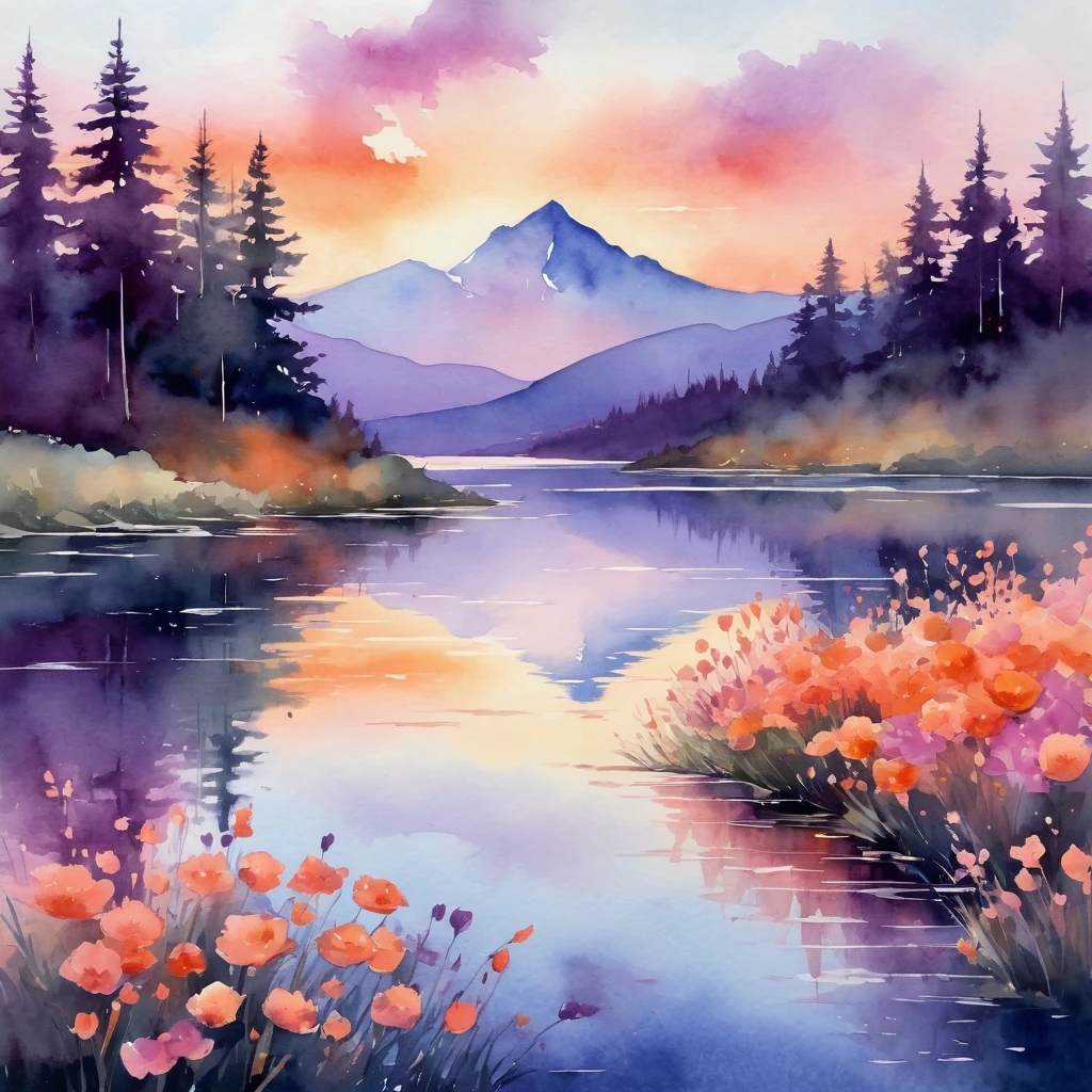 Create a stunning scene in the "Watercolor fusion" Art Style. Imagine a serene landscape where a vibrant sunset blends seamlessly with the calm waters of a lake.. The sky is painted in rich shades of orange, rosa, and purple, blending effortlessly with the reflection of the water. Spotlight, Delicate flowers in a spectrum of colors bloom along the coast, Its petals blend gently with the surrounding landscape. Silhouettes of distant mountains provide a soft contrast, adding depth to the composition. The whole scene should feel fluid and ethereal., with colors that blend into each other, creating a harmonious and dreamlike atmosphere.