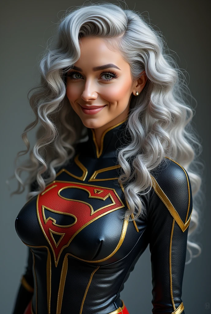 A beautiful youthful looking American version of Ariana Grande as a 50 years old woman with long her completely gray hair in a big curls styles as a retired superhero wearing her costume suit witch looks like a comic superhero suit again for a photoshoot she is smiling for the camera