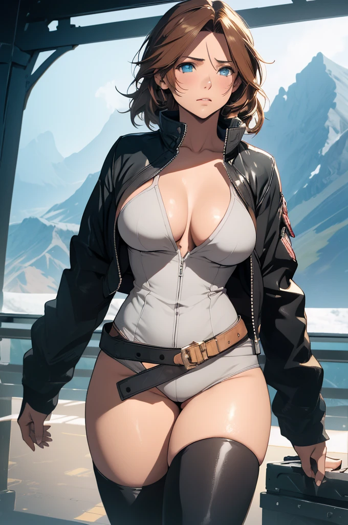 (Best quality, Ultra detailed, Golden ratio, Masterpiece:1.2), Theatrical lighting:0.7(ray tracing), 1 girl, Squall Leonhart from Final Fantasy, turned into a woman, posing, athletic body, Thicc thighs, Big breasts,perky breasts, heart-shaped ass, tight pussy(shiny skin)(detailed skin) (perfect hands), posing, sexual, attractive, lewd, orgasmic, blushing, very feminine, wearing a Black leather jacket, thigh highs(perfect eyes), on a mountain