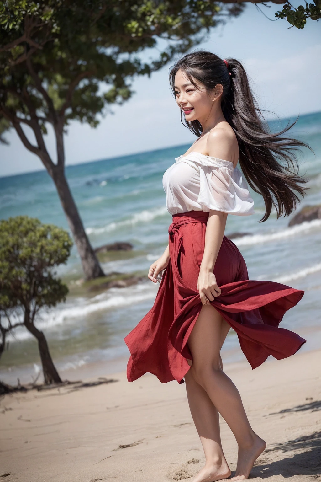 ((Highest quality)), ((8k)), ((masterpiece:1.3)), (Perfect look), (Photorealism:1.6), (JMA), (Who), (Walking woman), (people々Bustling beaches), 日本people女性, 60 years old, ((Realistic skin texture)), (Fine wrinkles appear all over the skin: 1.3), (Dullness: 1.1), (Unmoisturized skin: 1.2) , (Facial wrinkles: 0.9), (Wrinkles around the eyes: 1.2), double eyelid, Lower eyelid tear trough, (Teardrop: 0.9), The eyes are looking here, Serious gaze, (Dimples: 1.2), BREAK(Red lips),BREAK 短い前髪, Long Hair, Long hair with curled ends, (Hair over the ears), Laugh with the corners of your mouth turned up, Soft fabric off-the-shoulder bowtie blouse, Wide sleeves, Cuffs that fit your wrist, Flared long skirt, barefoot, Hair blowing in the wind, Small breasts, (whole body: 1.4), (Low - Angle: 1.4),