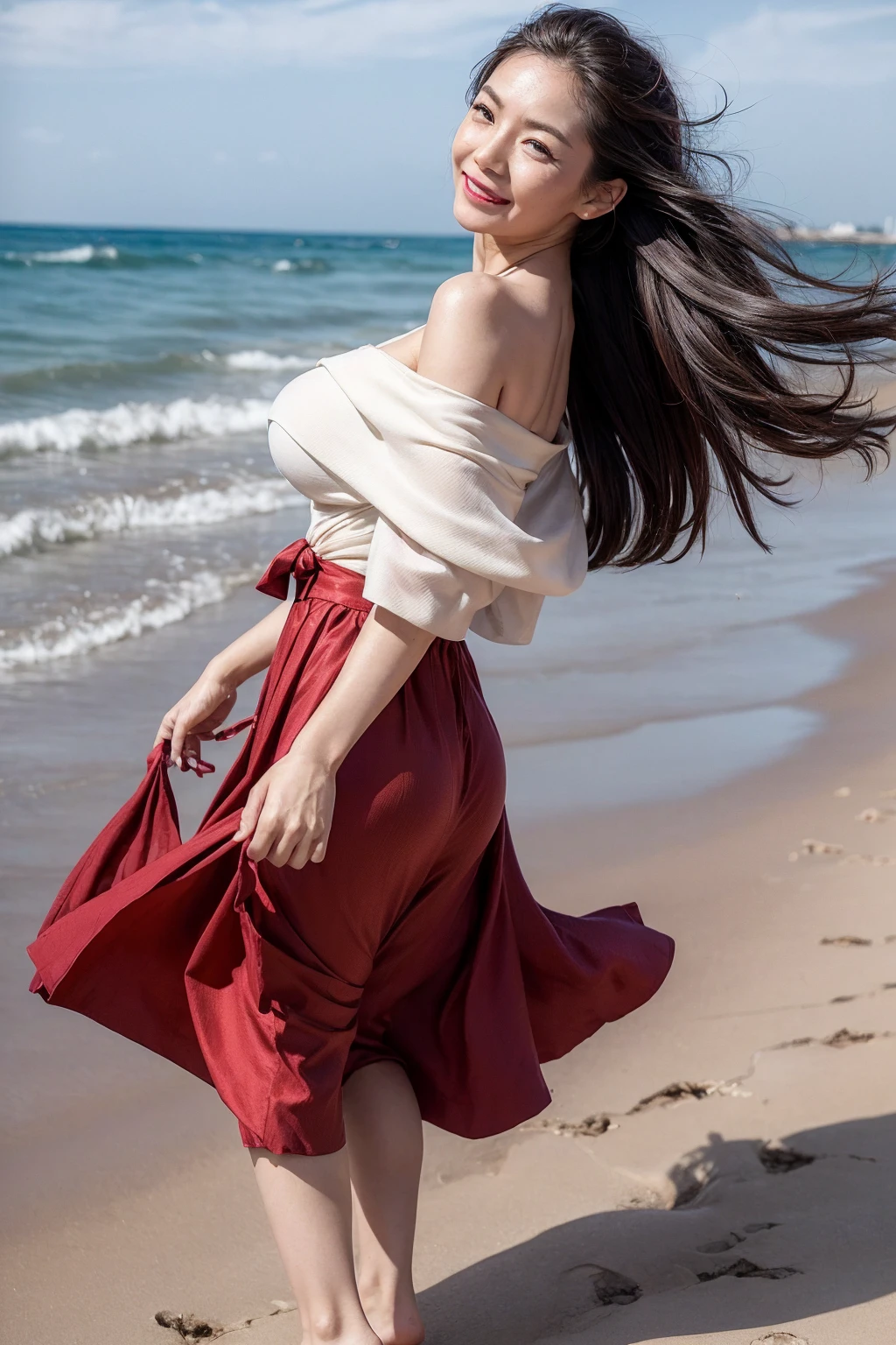 ((Highest quality)), ((8k)), ((masterpiece:1.3)), (Perfect look), (Photorealism:1.6), (JMA), (Who), (Walking woman), (people々Bustling beaches), 日本people女性, 60 years old, ((Realistic skin texture)), (Fine wrinkles appear all over the skin: 1.3), (Dullness: 1.1), (Unmoisturized skin: 1.2) , (Facial wrinkles: 0.9), (Wrinkles around the eyes: 1.2), double eyelid, Lower eyelid tear trough, (Teardrop: 0.9), The eyes are looking here, Serious gaze, (Dimples: 1.2), BREAK(Red lips),BREAK 短い前髪, Long Hair, Long hair with curled ends, (Hair over the ears), Laugh with the corners of your mouth turned up, Soft fabric off-the-shoulder bowtie blouse, Wide sleeves, Cuffs that fit your wrist, Flared long skirt, barefoot, Hair blowing in the wind, Small breasts, (whole body: 1.4), (Low - Angle: 1.4),