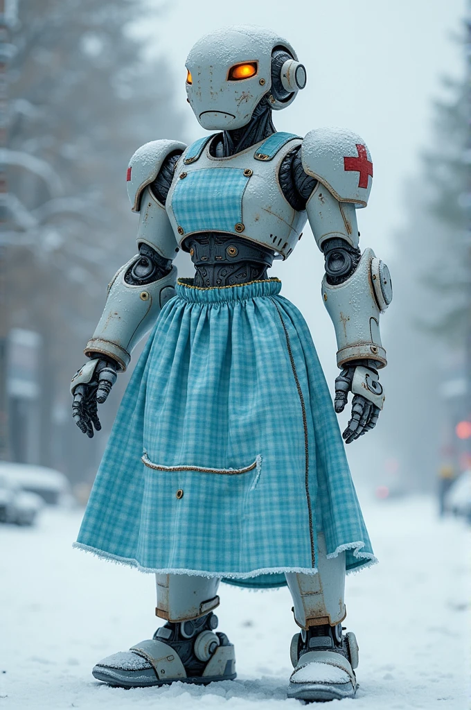 A hudge, badass and scary medicine girl robot with a blue gingham apron
Snowy background 