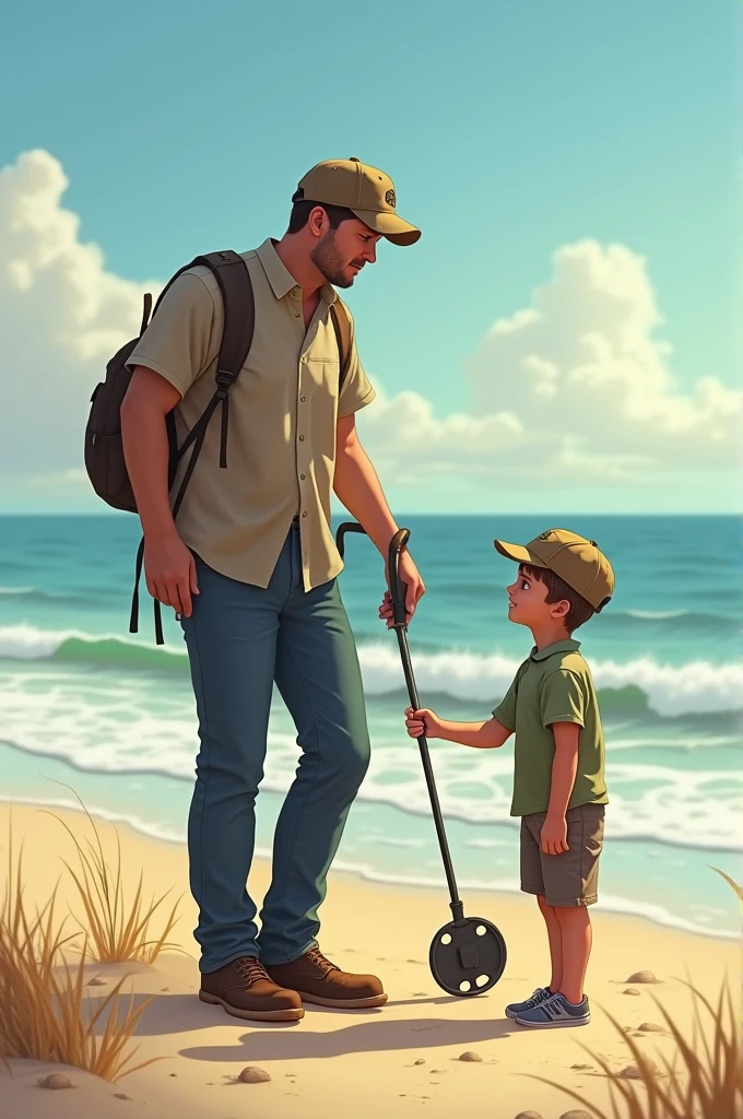 man with cap holding a metal detector and a 10 year old boy on the beach