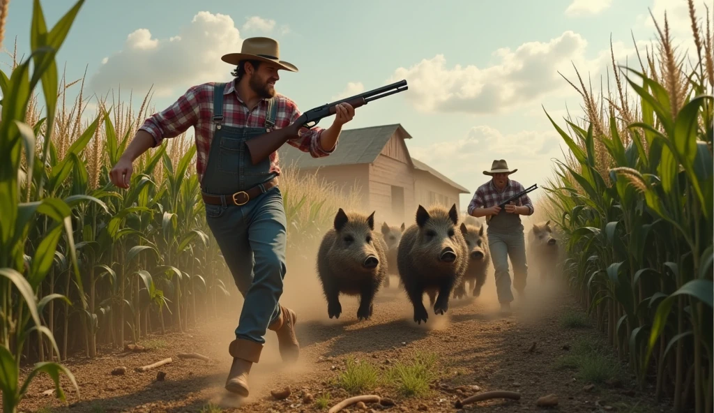 Thousands of wild boars inside a pigsty in the middle of a cornfield with farmers armed with shotguns wearing typical country clothes and hats on their heads in Panic 