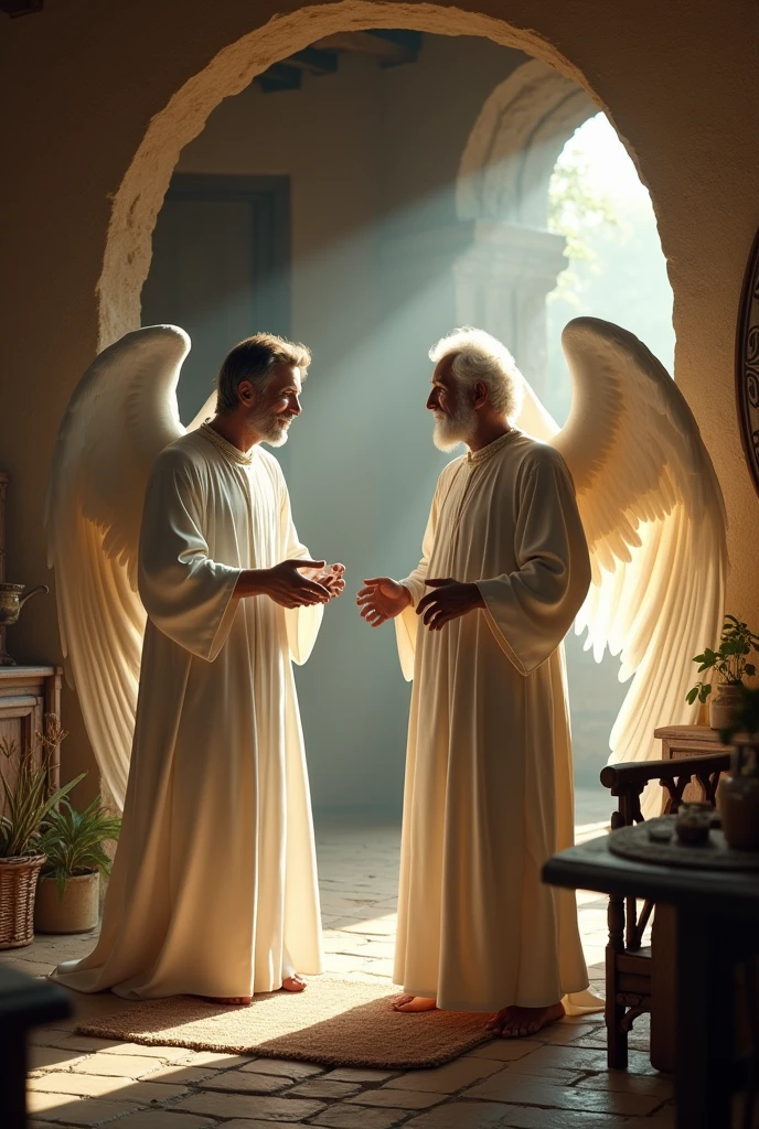 **Prompt:**
Create a realistic scene where two male angels, dressed in completely white clothes and without wings, are talking to an elderly man in an old environment, in the style of Lot's time. The setting should be a rustic and simple corner of an old house., with furniture and decoration that evoke the antiquity and simplicity of that era.
Angels should be depicted with a serene and ethereal appearance., contrasting with the rusticity of the environment. The elderly man should have an expression of surprise and curiosity, interacting with angels. Use soft lighting to highlight the historical atmosphere and the heavenly presence of angels, capturing the importance and gravity of the dialogue.