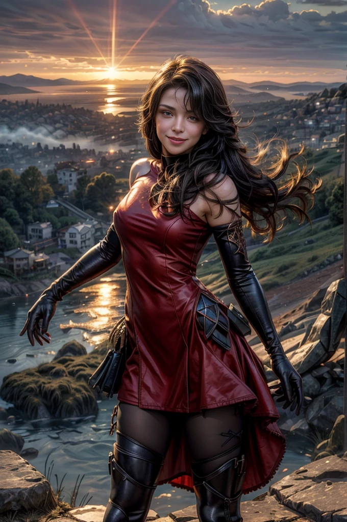 (masterpiece, best quality:1.2), cowboy shot, solo, 1girl, cinder fall, smiling, looking at viewer, long hair,  red dress, elbow gloves, pantyhose, standing on hillside, overlooking burning city, (volumetric lighting), sharp focus, hyper detailed 