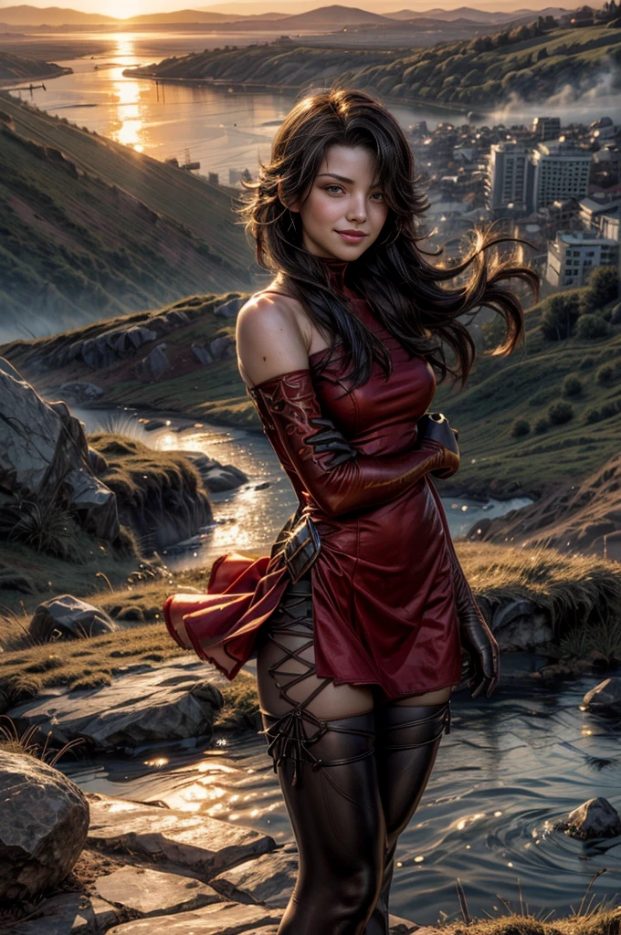 (masterpiece, best quality:1.2), cowboy shot, solo, 1girl, cinder fall, smiling, looking at viewer, long hair,  red dress, elbow gloves, pantyhose, standing on hillside, overlooking burning city, (volumetric lighting), sharp focus, hyper detailed 