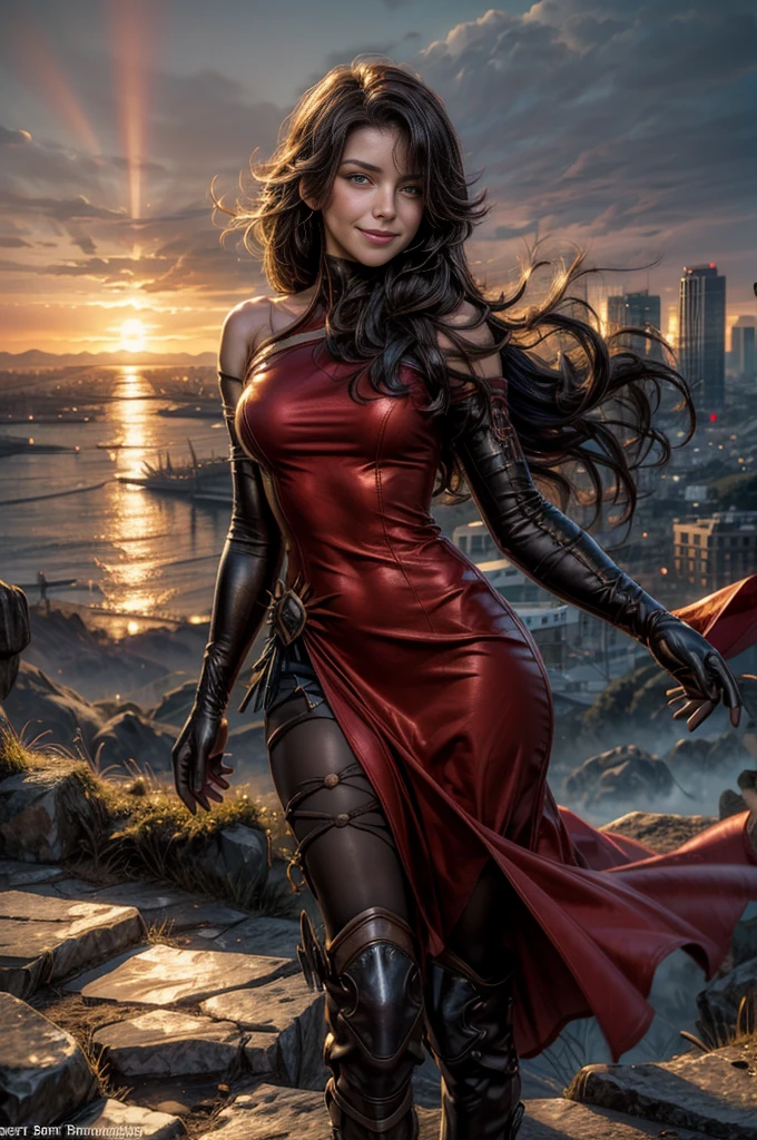 (masterpiece, best quality:1.2), cowboy shot, solo, 1girl, cinder fall, smiling, looking at viewer, long hair, red dress, elbow gloves, pantyhose, standing on hillside, overlooking burning city, (volumetric lighting), sharp focus, hyper detailed