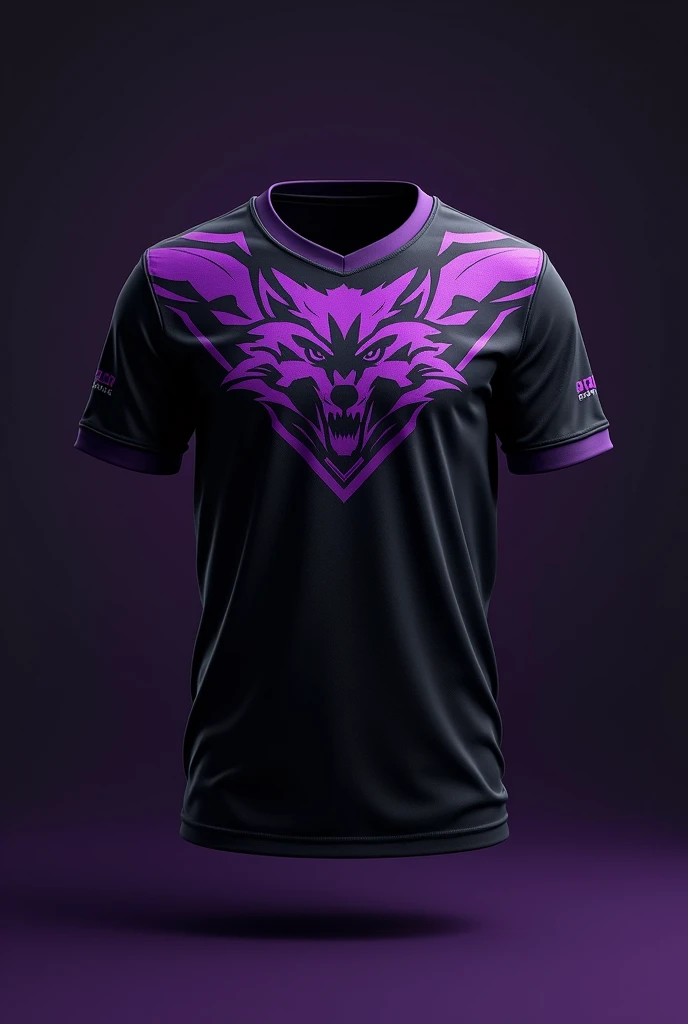 Create a black team jersey with a purple gradient, and a wolf shield and with a great fabric