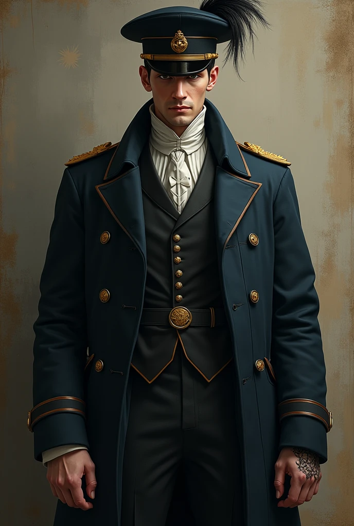 Tall man with jet black hair and military cut, dark brown eyes, light skin tone, with a defiant and cold look, dress in frac, with a hat that has a feather and a scar on his hand and part of his arm.