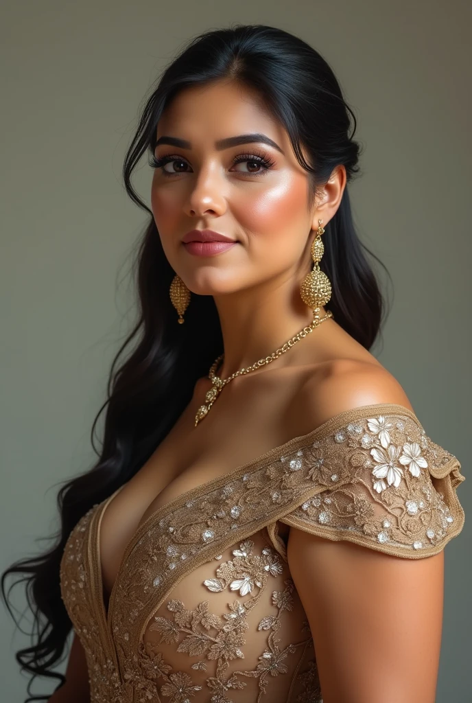 Woman of Venezuelan descent in a beautiful conservative dress weighing about 180 pounds that looks realistic in the photo