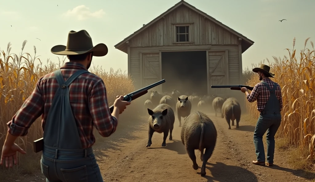 Thousands of wild boars trapped inside a pigsty in the middle of a cornfield with farmers armed with shotguns wearing typical country clothes and hats on their heads in Panic 