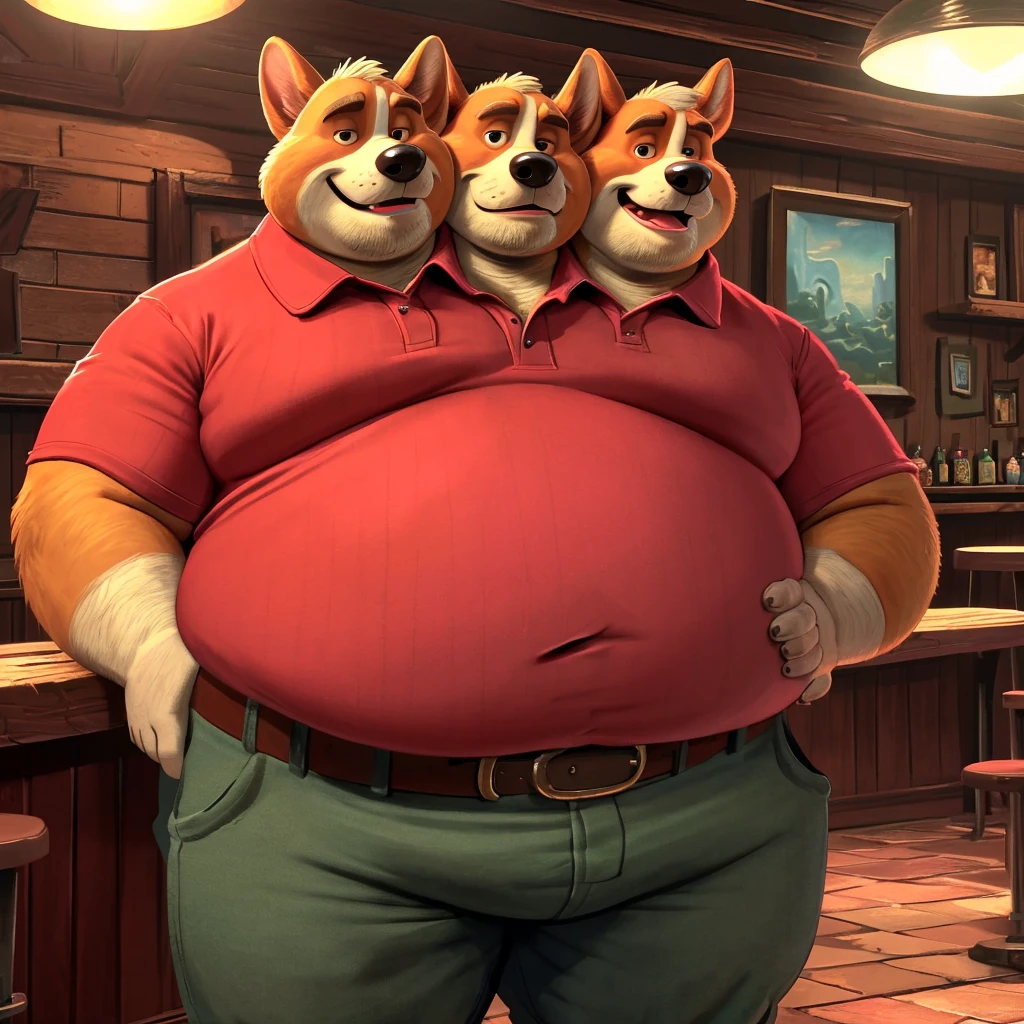 solo, welsh corgi, twins, three identical heads attached to the same body, welsh corgi ears, red fur, bald, masculine, three necks, (manly eyes), adult, male, 50 years old, (stylized 3d, by disney, by rembrandt), by pixar:1.1, by dramamine, (overweight, fat, obese), dadbod, bald, beards, stubble, dirty bar background, (khakis, polo, belt), correct hands, correct anatomy, (ultradetailed, best quality, detailed masterpiece, highly detailed masterpiece, 4k, professional cartoon:1.7), (natural pose, holding drinks:1.3)