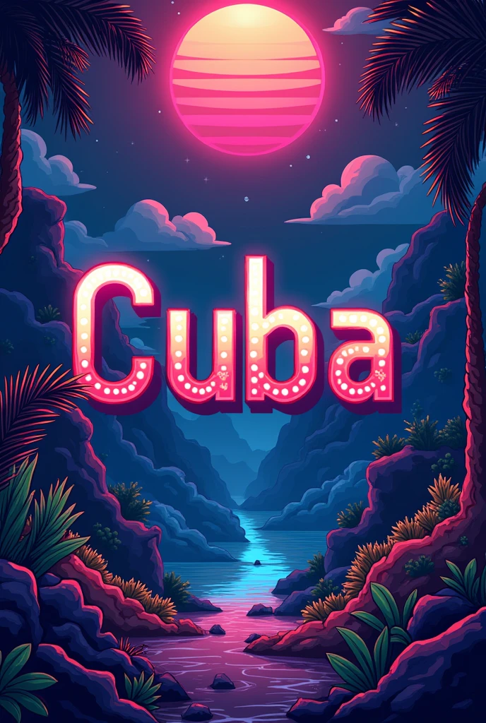 I want you to make me a simple image where in the center it says Cuba and in the background something that has to do with full-screen retro video games.