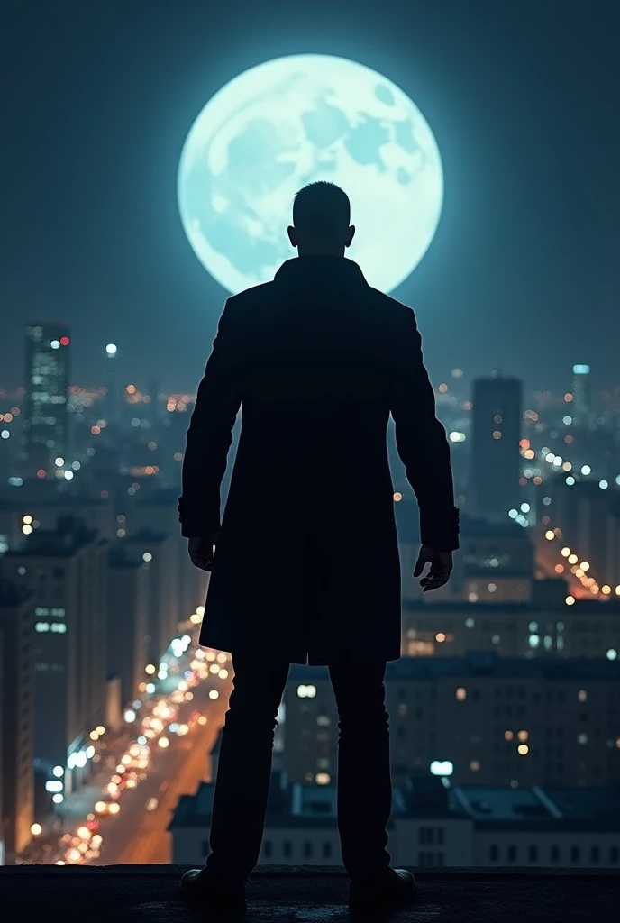 Angry man in the dark with the moon shining behind him looking from the roof of a very brightly lit city