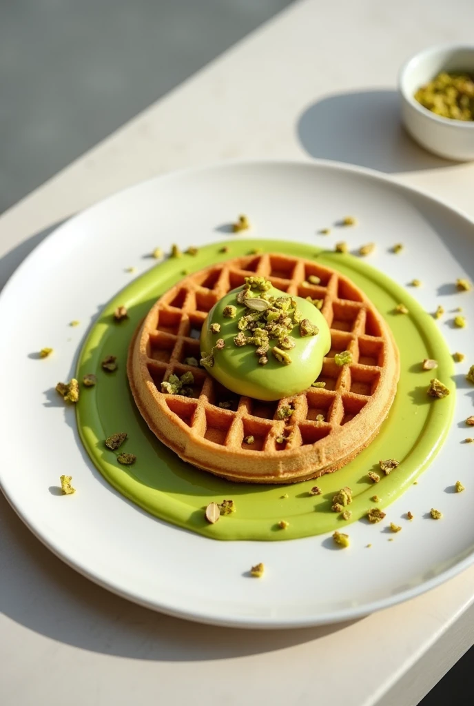 Round waffle with pistachio sauce 
