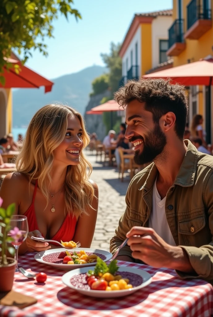 Realistic Man and Girlfriend 25-35 years old, in Portugal blonde hair brown eyes eating acai , with friends Ultra HD, high qualiy, best qualityer, high resolution, 8k, 16K