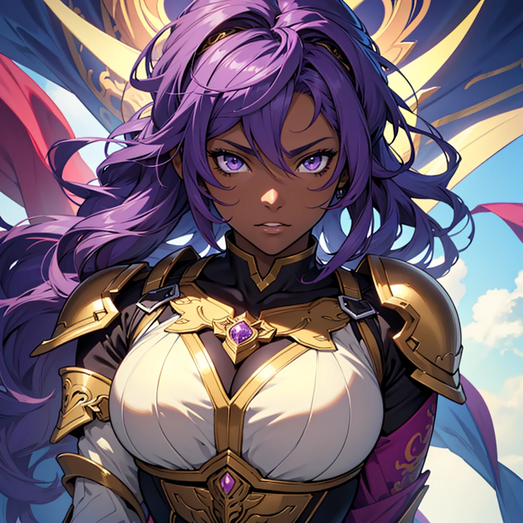 Shortcuts、An anime character in sexy armor having a photo shoot, (Brown Skin、Dark Skin:1.5), (Purple Hair:1.5)、Anime Goddess, Portrait of a female knight of the zodiac, Highly detailed art gems, Fascinating anime, Art Station pixiv's artgerm, Beautiful and attractive anime woman, 8K high quality, detailed art, Detailed digital anime art, 2. 5d cgi anime fantasy artwork, Beautiful Goddess、(1 woman、solo、The whole body is shown:1.6)、(I am 26 years old.)、Large Breasts