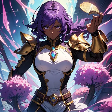 shortcuts、an anime character in sexy armor having a photo shoot, (brown skin、dark skin：1.5), （purple hair：1.5）、anime goddess, po...