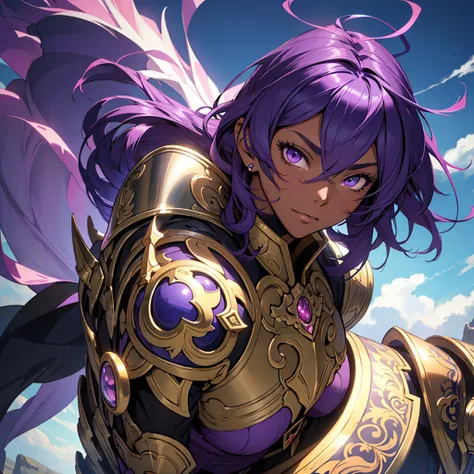 shortcuts、an anime character in sexy armor having a photo shoot, (brown skin、dark skin：1.5), （purple hair：1.5）、anime goddess, po...