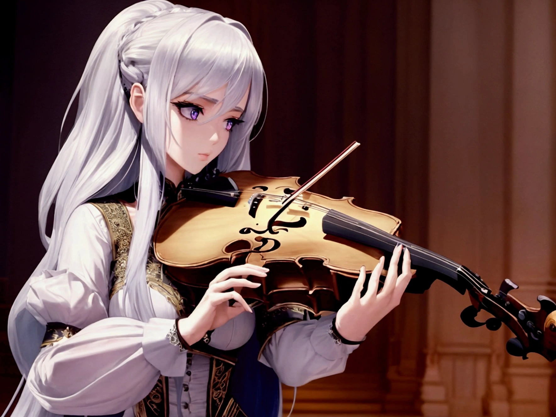 beautiful woman with violin in a beautiful place, long flowing hair, piercing eyes, dramatic lighting, ornate dress, bridal gown, gorgeous background, digitl art, cinematographic, hyperdetailed, 8k, photorrealistic